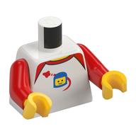 Torse, chemise, col rouge, vaisseau spatial et tête de figurine espace classique avec casque motif imprimé, bras rouges, mains jaunes (Torso, Shirt, Red Collar, Spaceship, and Classic Space Minifigure Head with Helmet Print, Red Arms, Yellow Hands)
