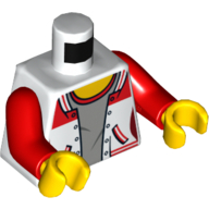 Torse, Veste ouverte sur le dessus gris avec col rouge avec '8' sur motif imprimé dos, bras rouges, mains jaunes (Torso, Jacket Open over Gray Top with Red Collar with '8' on Back Print, Red Arms, Yellow Hands)