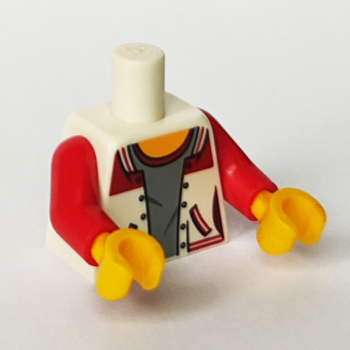 Visuel indicatif Rebrickable de Torse, veste universitaire, ouvert sur le dessus gris avec motif imprimé col rouge [pas de motif imprimé au dos], bras rouges, mains jaunes (Torso, Letterman Jacket, Open over Gray Top with Red Collar Print [No Back Print], Red Arms, Yellow Hands)