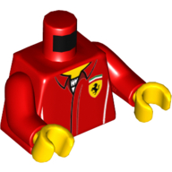 Visuel indicatif Rebrickable de Torse, Veste de course avec logo Ferrari sur motif imprimé chemise blanche, bras rouges, mains jaunes (Torso, Racing Jacket with Ferrari Logo over White Shirt Print, Red Arms, Yellow Hands)