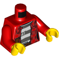 Visuel indicatif Rebrickable de Torse, chemise à carreaux sur sous-chemise prisonnière rayée avec motif imprimé '87', bras rouges, mains jaunes (Torso, Plaid Shirt over Striped Prisoner Undershirt with '87' Print, Red Arms, Yellow Hands)