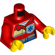 Visuel indicatif Rebrickable de Torse, veste avec jaune clair vif avec bleu étoile de la vie logo motif imprimé, bras rouges, mains jaunes (Torso, Jacket with Bright Light Yellow with Blue Star of Life Logo Print, Red Arms, Yellow Hands)