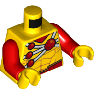 Torse, Muscles, Sangles blanches avec motif imprimé Cercles rouges (Tempête de feu), bras rouges, mains jaunes (Torso, Muscles, White Straps with Red Circles Print (Firestorm), Red Arms, Yellow Hands)