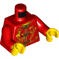 Visuel indicatif Rebrickable de Torse, robe/chemise traditionnelle chinoise, Lacets, Dragon doré imprimé, bras rouges, mains jaunes (Torso, Traditional Chinese Robe/Shirt, Laces, Gold Dragon Print, Red Arms, Yellow Hands)