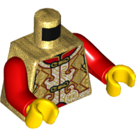Visuel indicatif Rebrickable de Torse, tunique, or nacré avec décorations ornées et motif imprimé fermoirs, bras rouges, mains jaunes (Torso, Tunic, Pearl Gold with Ornate Decorations and Clasps Print, Red Arms, Yellow Hands)