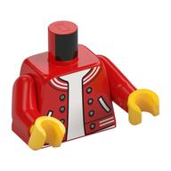 Torse, veste letterman avec des boutons et des poches, sur la chemise blanche motif imprimé, bras rouges, mains jaunes (Torso, Letterman Jacket with Buttons and Pockets, over White Shirt Print, Red Arms, Yellow Hands)