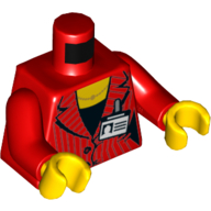 Visuel indicatif Rebrickable de Torse, veste de costume avec badge nom, cou jaune, et noir sous-vêtement motif imprimé, bras rouges, mains jaunes (Torso, Suit Jacket with Name Badge, Yellow Neck, and Black Undershirt Print, Red Arms, Yellow Hands)