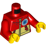 Visuel indicatif Rebrickable de Torse, veste avec fond jaune clair vif, poches, fermeture à glissière et badge étoile de la vie motif imprimé, bras rouges, mains jaunes (Torso, Jacket with Bright Light Yellow Bottom, Pockets, Zipper, and Star of Life Badge Print, Red Arms, Yellow Hands)