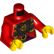 Visuel indicatif Rebrickable de Torse, armure, panneau de poitrine noir avec des tubes d'or motif imprimé, bras rouges, mains jaunes (Torso, Armor, Black Chest Panel with Gold Tubes Print, Red Arms, Yellow Hands)