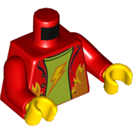 Visuel indicatif Rebrickable de Torse, chemise, ouvert avec des flammes, maillot de corps à la vert citron avec motif imprimé éclair, bras rouges, mains jaunes (Torso, Shirt, Open with Flames, Lime Undershirt with Lightning Bolt Print, Red Arms, Yellow Hands)