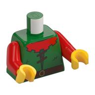 Torse, tunique, forestier, col rouge, lacets marron foncé et motif imprimé ceinture, bras rouges, mains jaunes (Torso, Tunic, Forestman, Red Collar, Dark Brown Laces and Belt Print, Red Arms, Yellow Hands)