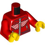 Visuel indicatif Rebrickable de Torse, combinaison de course, carrés blancs, fermetures à glissière, motif imprimé bord rouge foncé, bras rouges, mains jaunes (Torso, Racing Suit, White Squares, Zippers, Dark Red Trim Print, Red Arms, Yellow Hands)