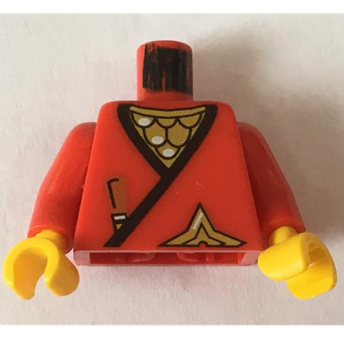Visuel indicatif Rebrickable de Torse, enveloppe, dague brune, étoile d'or, armure à écailles d'or avec motif imprimé blanc, bras rouges, mains jaunes (Torso, Wrap, Brown Dagger, Gold Star, Gold Scale Mail with White Highlights Print, Red Arms, Yellow Hands)