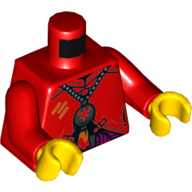 Torse, robe avec collier en argent, pendentif, motif imprimé foudre orange (fils rouge), bras rouges, mains jaunes (Torso, Robe with Silver Necklace, Pendant, Orange Lightning Print (Red Son), Red Arms, Yellow Hands)