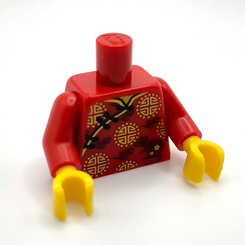 Visuel indicatif Rebrickable de Torse, robe, Décorations en or, Lacets noirs, Rat imprimé, bras rouges, mains jaunes (Torso, Robe, Gold Decorations, Black Laces, Rat Print, Red Arms, Yellow Hands)