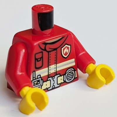 Visuel indicatif Rebrickable de Torse, veste de pompier, ceinture utilitaire avec radio, rayures jaune clair lumineux, feu logo motif imprimé, bras rouges, mains jaunes (Torso, Firefighter Jacket, Utility Belt with Radio, Bright Light Yellow Stripes, Fire Logo Print, Red Arms, Yellow Hands)