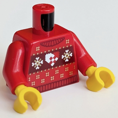 Visuel indicatif Rebrickable de Torse, pull de Noël, flocons de neige blancs et motif imprimé cœur, bras rouges, mains jaunes (Torso, Christmas Sweater, White Snowflakes and Heart Print, Red Arms, Yellow Hands)