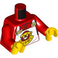 Visuel indicatif Rebrickable de Torse, tablier, blanc avec tête rouge et jaune Logo, sur le motif imprimé chemise rouge, bras rouges, mains jaunes (Torso, Apron, White with Red and Yellow Head Logo, over Red Shirt Print, Red Arms, Yellow Hands)