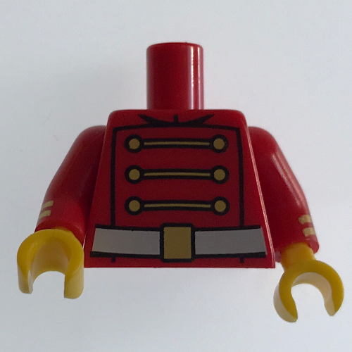 Visuel indicatif Rebrickable de Torse, uniforme de la garde royale avec 3 chaînes en or, 6 boutons et ceinture blanche avec motif imprimé boucle d'or (jouets soldats), bras rouges avec rayures en or, mains jaunes (Torso, Royal Guard Uniform with 3 Gold Chains, 6 Buttons and White Belt with Gold Buckle Print (Toy Soldiers), Red Arms with Gold Stripes, Yellow Hands)