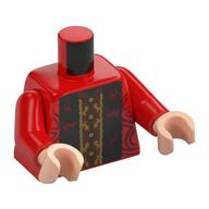 Visuel indicatif Rebrickable de Torse, robe, Décorations Rouge Foncé, Noir / Orange Foncé Motif imprimé devant, bras rouges, mains nougat clair (Torso, Robe, Dark Red Decorations, Black /Dark Orange Front Print, Red Arms, Light Nougat Hands)