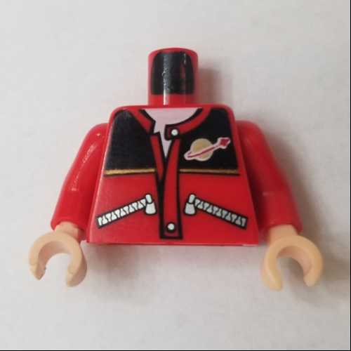 Visuel indicatif Rebrickable de Torse, veste avec fermetures à glissière, haut noir, logo de l'espace classique, motif imprimé sous-chemise blanc, bras rouges, mains nougat clair (Torso, Jacket with Zippers, Black Top, Classic Space Logo, White Undershirt Print, Red Arms, Light Nougat Hands)