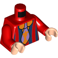Torse, Chemise à rayures bleu foncé et motif imprimé cravate lavande et orange, bras rouges, mains nougat clair (Torso, Shirt with Dark Blue Stripes and Lavender and Orange Tie Print, Red Arms, Light Nougat Hands)