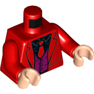 Visuel indicatif Rebrickable de Torse, veste, cravate rouge, gilet violet, modèle imprimé chemise noire, bras rouges, mains nougat clair (Torso, Jacket, Red Tie, Purple Vest, Black Shirt Print, Red Arms, Light Nougat Hands)