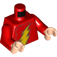 Visuel indicatif Rebrickable de Torse, veste avec éclair doré (logo flash classique) motif imprimé, bras rouges, mains nougat clair (Torso, Jacket with Gold Lightning Bolt (Classic Flash Logo) Print, Red Arms, Light Nougat Hands)