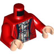 Visuel indicatif Rebrickable de Torse, Veste, ouverte Chemise à carreaux avec motif imprimé de boutons, bras rouges, mains nougat clair (Torso, Jacket, Open over Checked Shirt with Buttons Print, Red Arms, Light Nougat Hands)