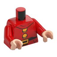Visuel indicatif Rebrickable de Torse, ceinture noire, boucle de ceinture orange clair vif, motif imprimé boutons, bras rouges, mains nougat clair (Torso, Black Belt, Bright Light Orange Belt Buckle, Buttons Print, Red Arms, Light Nougat Hands)