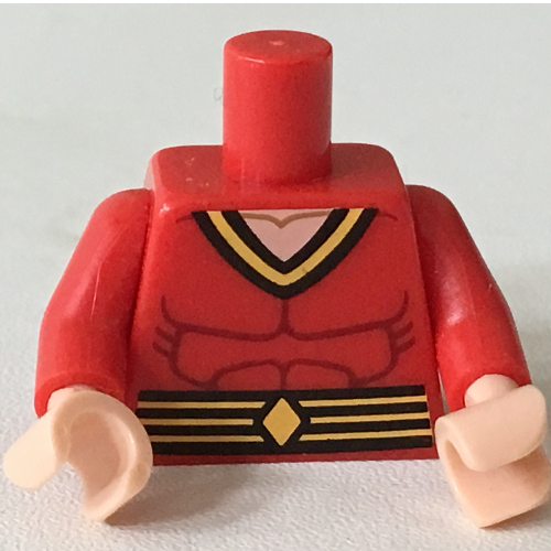 Visuel indicatif Rebrickable de Torse, Muscles avec ceinture avec lignes jaunes et motif imprimé diamant (homme en plastique), bras rouges, mains nougat clair (Torso, Muscles with Belt with Yellow Lines and Diamond Print (Plastic Man), Red Arms, Light Nougat Hands)