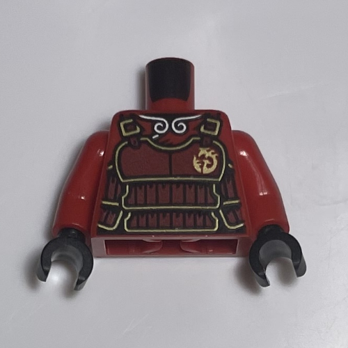 Visuel indicatif Rebrickable de Torse, armure de samouraï rouge foncé, bordure dorée, motif imprimé symbole, bras rouges, mains noires (Torso, Dark Red Samurai Armor, Gold Trim, Symbol Print, Red Arms, Black Hands)