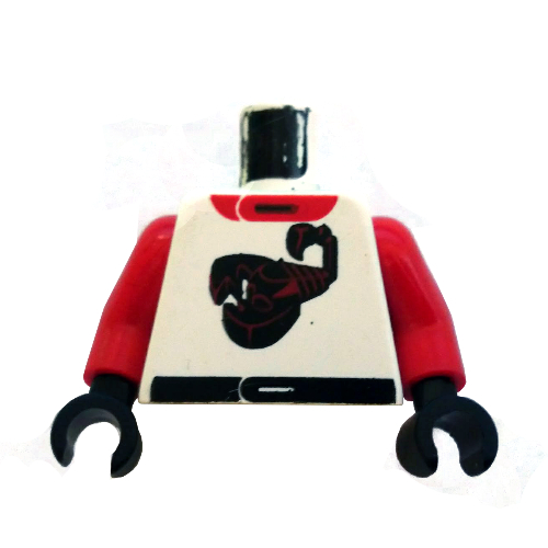 Visuel indicatif Rebrickable de Torse, costume de course avec motif imprimé Scorpion, bras rouges, mains noires (Torso, Race Suit with Scorpion Print, Red Arms, Black Hands)