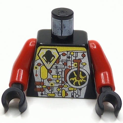 Visuel indicatif Rebrickable de Torse, circuit ovni avec motif imprimé levier rouge, bras rouges, mains noires (Torso, UFO Circuitry with Red Lever Print, Red Arms, Black Hands)