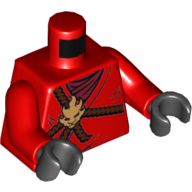 Visuel indicatif Rebrickable de Torse, robe avec corde brune, médaillon d'or et maillot de corps rouge foncé motif imprimé, bras rouges, mains noires (Torso, Robe with Brown Rope, Gold Medallion and Dark Red Undershirt Print, Red Arms, Black Hands)