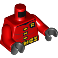 Visuel indicatif Rebrickable de Torse, muscles, symbole 'R', fermoirs jaunes et motif imprimé ceinture utilitaire (Robin), bras rouges, mains noires (Torso, Muscles, 'R' Symbol, Yellow Clasps and Utility Belt Print (Robin), Red Arms, Black Hands)