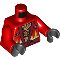 Visuel indicatif Rebrickable de Torse, robe avec ceinture rouge foncé et emblème de puissance de feu motif imprimé, bras rouges, mains noires (Torso, Robe with Dark Red Sash and Fire Power Emblem Print, Red Arms, Black Hands)