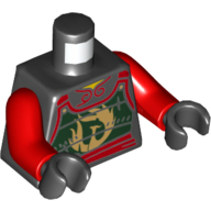 Torse, armure de samouraï avec des panneaux vert foncé, phénix or et motif imprimé ceinture rouge, bras rouges, mains noires (Torso, Samurai Armor with Dark Green Panels, Gold Phoenix and Red Sash Print, Red Arms, Black Hands)