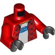 Visuel indicatif Rebrickable de Torse, chemise en flanelle à carreaux, ouvert devant sur T-chemise avec logo Ford imprimé, bras rouges, mains noires (Torso, Plaid Flannel Shirt, Open Front over T-Shirt with Ford Logo Print, Red Arms, Black Hands)