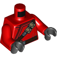 Visuel indicatif Rebrickable de Torse, robe avec bord rouge foncé, Ceinture marron rougeâtre, Bretelles, Poches motif imprimé, bras rouges, mains noires (Torso, Robe with Dark Red Trim, Reddish Brown Belt, Straps, Pockets Print, Red Arms, Black Hands)