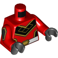 Visuel indicatif Rebrickable de Torse, corps, noir et or v, motif : ceinture blanche avec boucle dorée, bras rouges avec motif imprimé diamant noir, mains noires (Torso, Bodysuit, Black and Gold V, White Belt with Gold Buckle Print, Red Arms with Black Diamond Print, Black Hands)