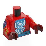 Visuel indicatif Rebrickable de Torse, araignée blanche sur le champ d'azur moyen, ceinture d'azur moyen, sangle d'araignée sur les bras, bracelets dorés motif imprimé bras rouges, mains rouge foncé (Torso, White Spider on Medium Azure Field, Medium Azure Sash, Spider Webbing on Arms, Gold Bangles Print Red Arms, Dark Red Hands)