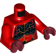 Visuel indicatif Rebrickable de Armure de torse, plaque thoracique noire et taches rouges et noires foncées, avec motif imprimé de fissures orange, bras rouges, mains rouge foncé (Torso Armor, Black Chestplate, and Dark Red and Black Spots, with Orange Cracks Print, Red Arms, Dark Red Hands)