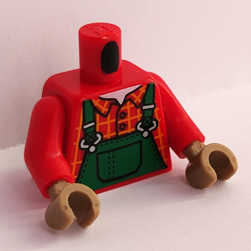 Visuel indicatif Rebrickable de Torse Chemise à carreaux avec motif imprimé salopette verte, bras rouges, mains beige foncé (Torso Plaid Shirt with Green Overalls Print, Red Arms, Dark Tan Hands)