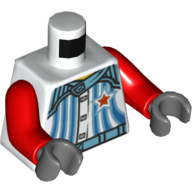 Visuel indicatif Rebrickable de Veste de course de torse avec 5 boutons, rayures et étoile rouge devant et dos imprimé, bras rouges, mains gris bleuté foncé (Torso Racing Jacket with 5 Buttons, Stripes and Red Star Front and Back Print, Red Arms, Dark Bluish Gray Hands)