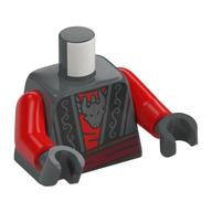 Visuel indicatif Rebrickable de Torse, chemise rouge, robe gris bleuté foncé, Bordure noire, Ceinture rouge foncé, Pendentif crâne de dragon argenté motif imprimé, bras rouges, mains gris bleuté foncé (Torso, Red Shirt, Dark Bluish Grey Robe, Black Trim, Dark Red Sash, Silver Dragon Skull Pendant Print, Red Arms, Dark Bluish Gray Hands)