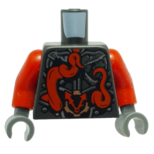 Visuel indicatif Rebrickable de Armure de torse, argent métallique avec horloge et grand serpent rouge avec crocs blancs sur le dos motif imprimé, bras rouges, mains gris bleuté foncé (Torso Armor, Metallic Silver with Clock and Large Red Snake with White Fangs on Back Print, Red Arms, Dark Bluish Gray Hands)