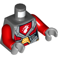 Armure de torse avec circuit orange et or et emblème avec motif imprimé dragon blanc, bras rouges, mains gris bleuté clair (Torso Armor with Orange and Gold Circuitry and Emblem with White Dragon Print, Red Arms, Light Bluish Gray Hands)