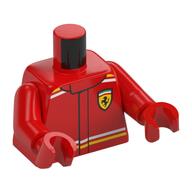Torse, Combinaison de course, rayures blanches et jaunes, Ferrari Logo imprimé, bras et mains rouges (Torso, Racing Suit, White/Yellow Stripes, Ferrari Logo Print, Red Arms and Hands)