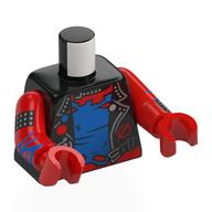 Torse, veste, connecteurs d'argent, fermeture à glissière, costume bleu/rouge d'araignée déchirée, araignée argentée avec 'FNSM' sur le dos, boutons de manchette noirs avec pointes d'argent, sangles bleues sur le motif imprimé des bras, bras et mains rouges (Torso, Jacket, Silver Pins, Zipper, Blue/Red Torn Spider Suit, Silver Spider with 'FNSM' on Back, Black Cufflinks with Silver Spikes, Blue Webbings on Arms Print, Red Arms and Hands)